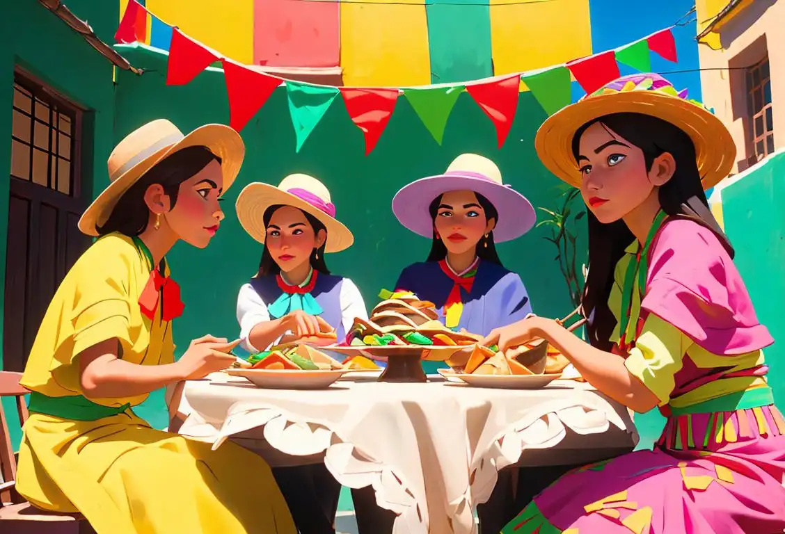 A group of friends enjoying a tortilla feast, wearing colorful sombreros, in a festive Mexican courtyard..