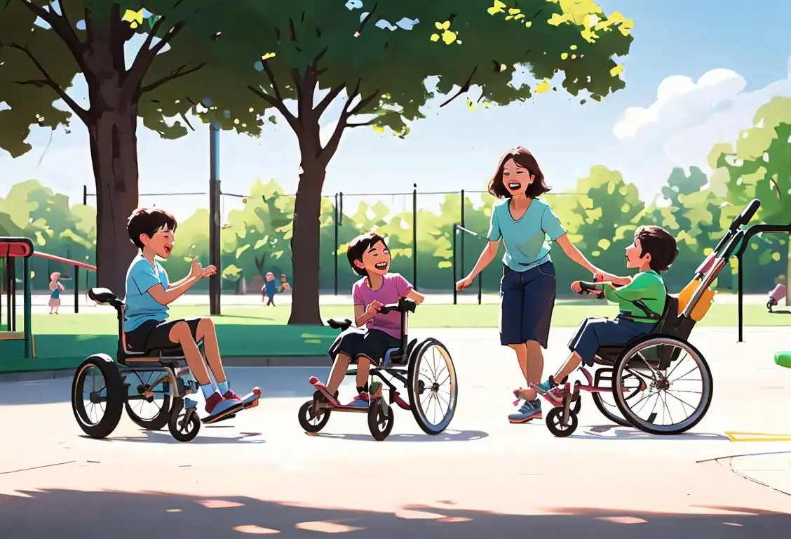 Young child with cerebral palsy confidently playing with a group of diverse friends, joyful outdoor playground setting..