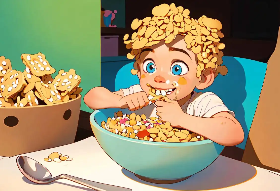 Happy National Cereal Cereal Day! A smiling child with a bowl of cereal bites into a spoonful, surrounded by colorful cereal boxes and a retro kitchen decor..