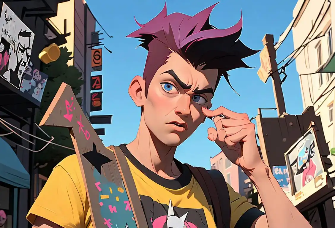 Young adult with spiky hair, wearing a punk rock t-shirt, holding up a sign that says 'I refuse to participate in National Rude Day!', crowded city street background..