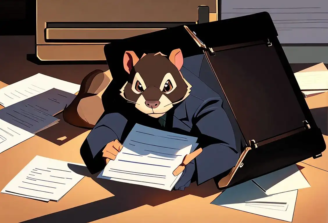 A curious groundhog peeking out of a briefcase, wearing a suit, surrounded by office supplies and paperwork..