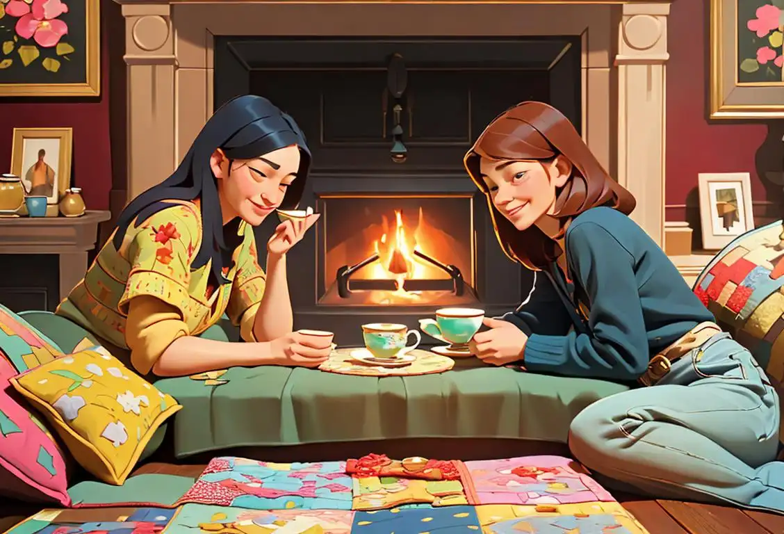 Happy quilters gathered around a cozy fireplace, stitching vibrant fabrics together, with a warm cup of tea nearby, creating beautiful patchwork masterpieces..