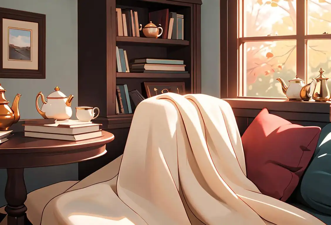 A cozy reading nook with a stack of books, a warm cup of tea, and a soft blanket..