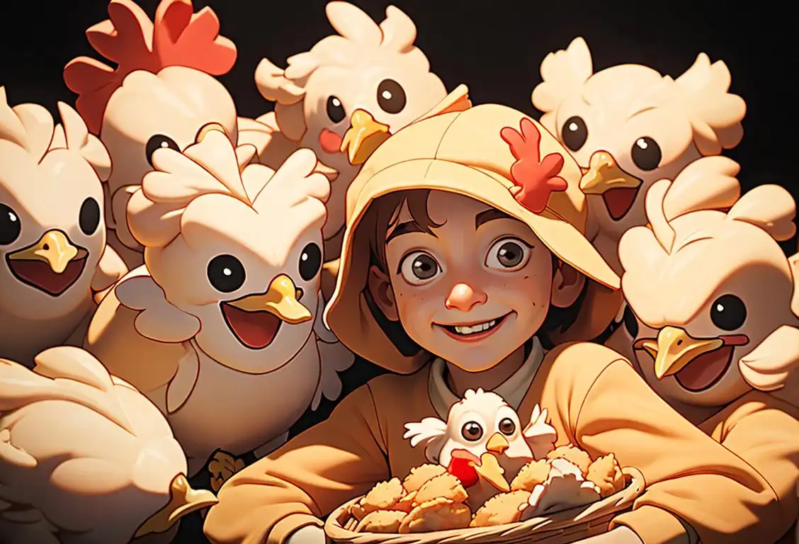 A child with a big smile on their face, wearing a chicken costume, surrounded by a basket of golden chicken tenders..