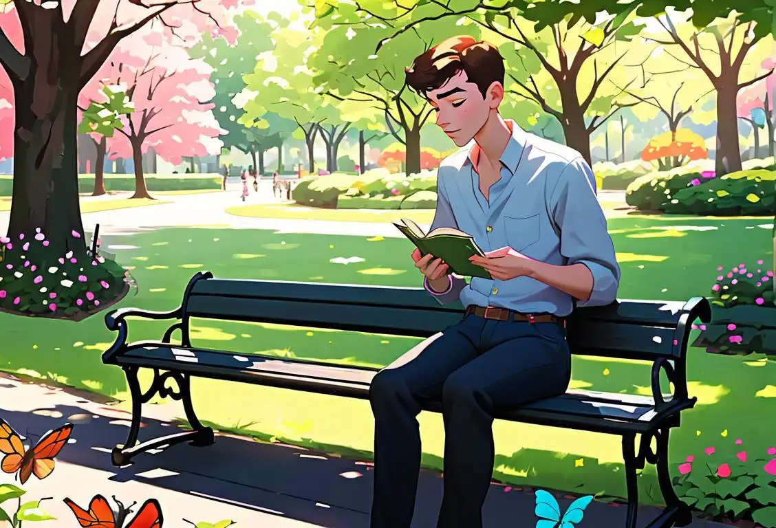 Young man, dressed in a casual outfit, sitting on a park bench, surrounded by flowers and butterflies, enjoying a book alone on National No Girlfriend Day..