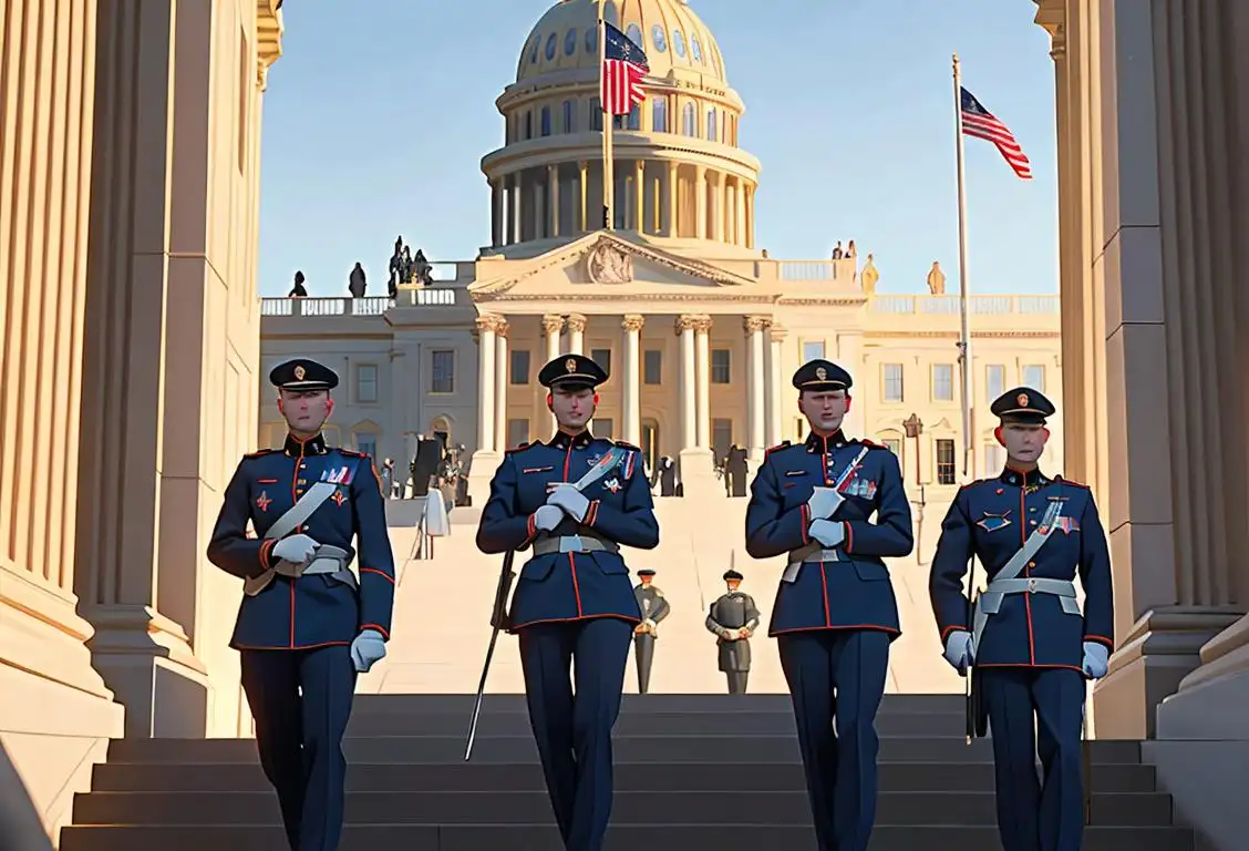 National Guard soldiers in full uniform, standing tall at the steps of the majestic Capitol building, surrounded by American flags..