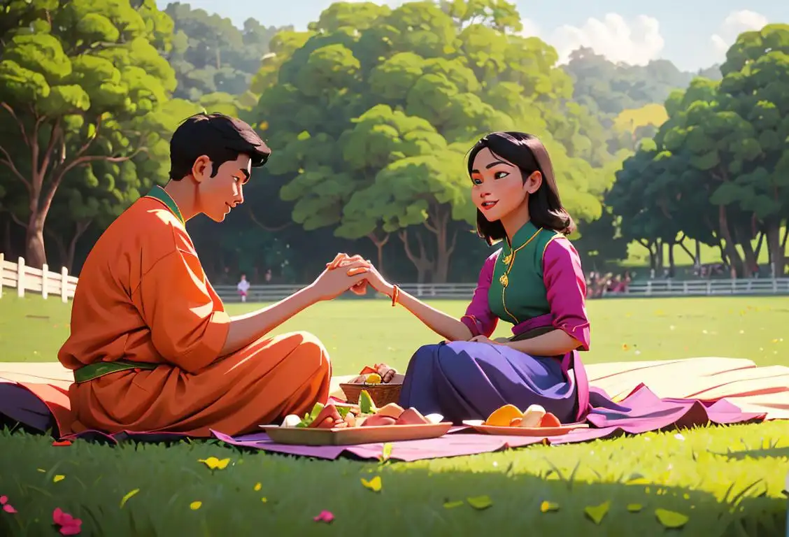 Young couple holding hands, wearing traditional Malaysian clothing, enjoying a picnic in a scenic park during National Bukit Jalil Day..