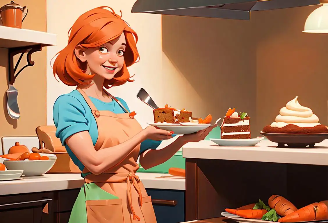 Happy woman holding a carrot cake slice, wearing a colorful apron, surrounded by a cozy kitchen atmosphere filled with baking ingredients..