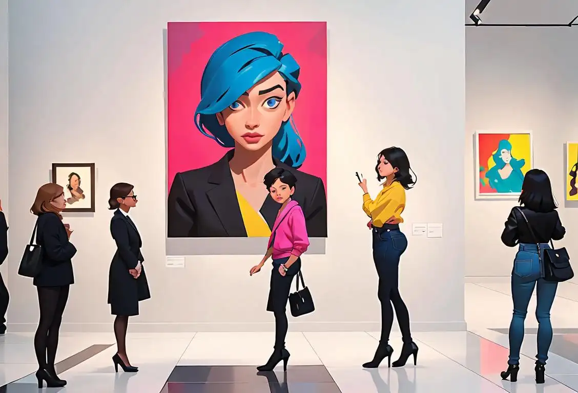 A diverse group of people admiring artwork in a contemporary art museum, wearing stylish outfits, urban setting with vibrant colors..
