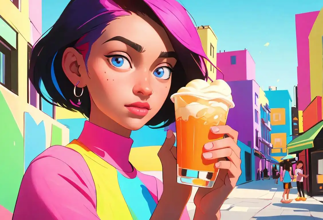 A young person holding a unique and colorful cup, wearing a trendy outfit, surrounded by a vibrant urban setting..