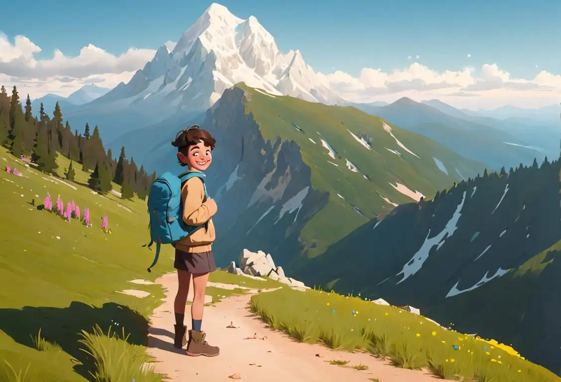 A young traveler with a backpack, smiling and standing on a mountaintop, surrounded by breathtaking natural scenery..