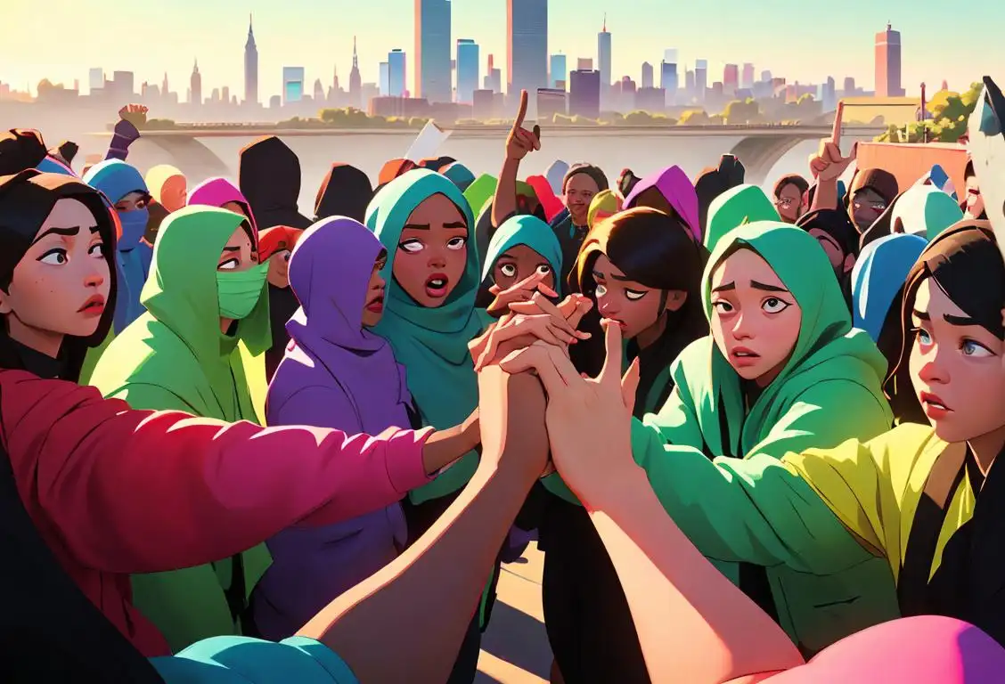Group of diverse individuals holding hands in a peaceful protest, wearing bright colors, city skyline in the background..