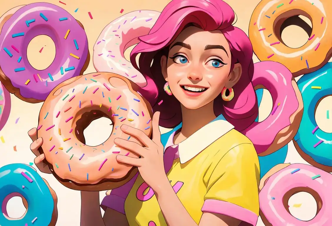 Young woman holding a colorful donut with a joyful expression, wearing a retro-inspired outfit, bright backdrop with confetti..