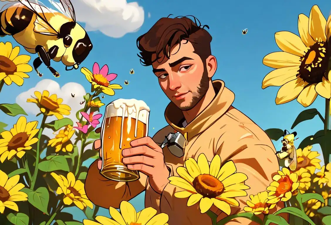 Young man in beekeeping suit, holding a pint of beer, surrounded by vibrant flowers in a sunny garden..