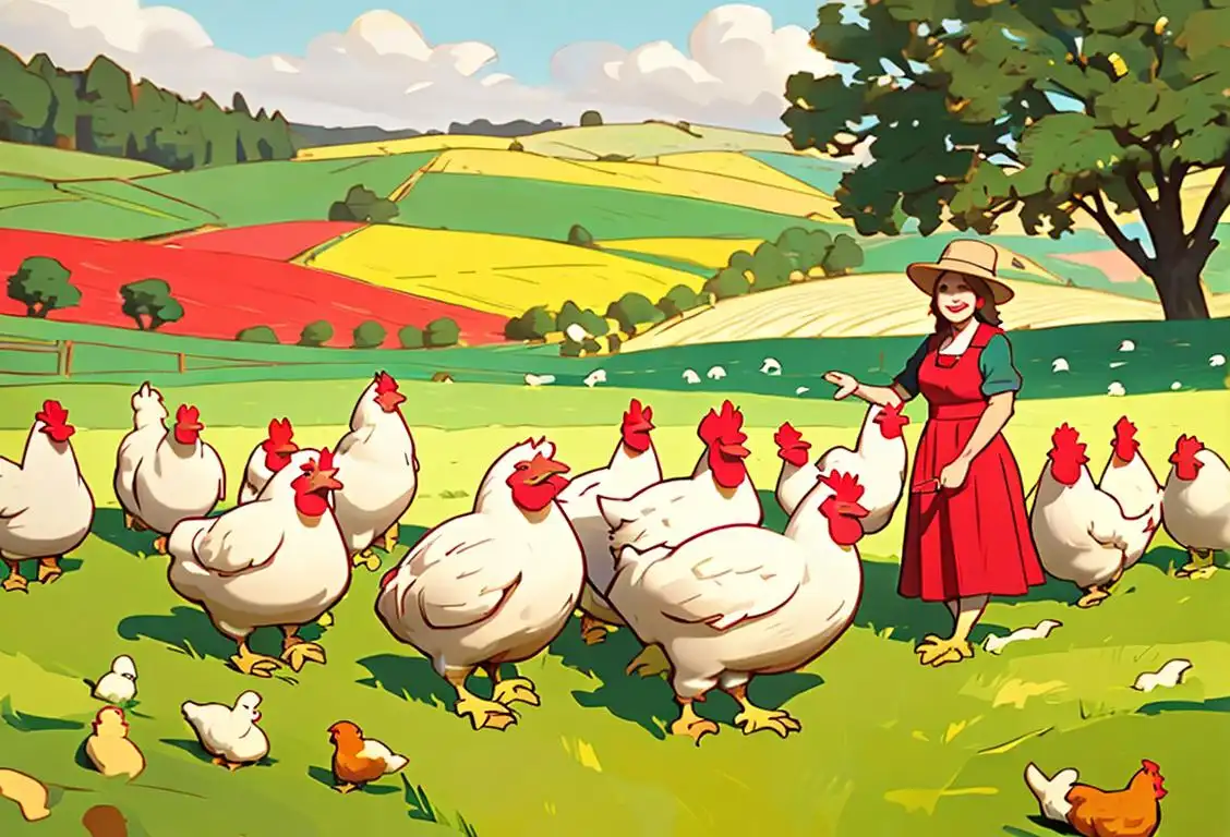 A joyful person surrounded by a flock of colorful chickens, dressed in farm attire, countryside scene..
