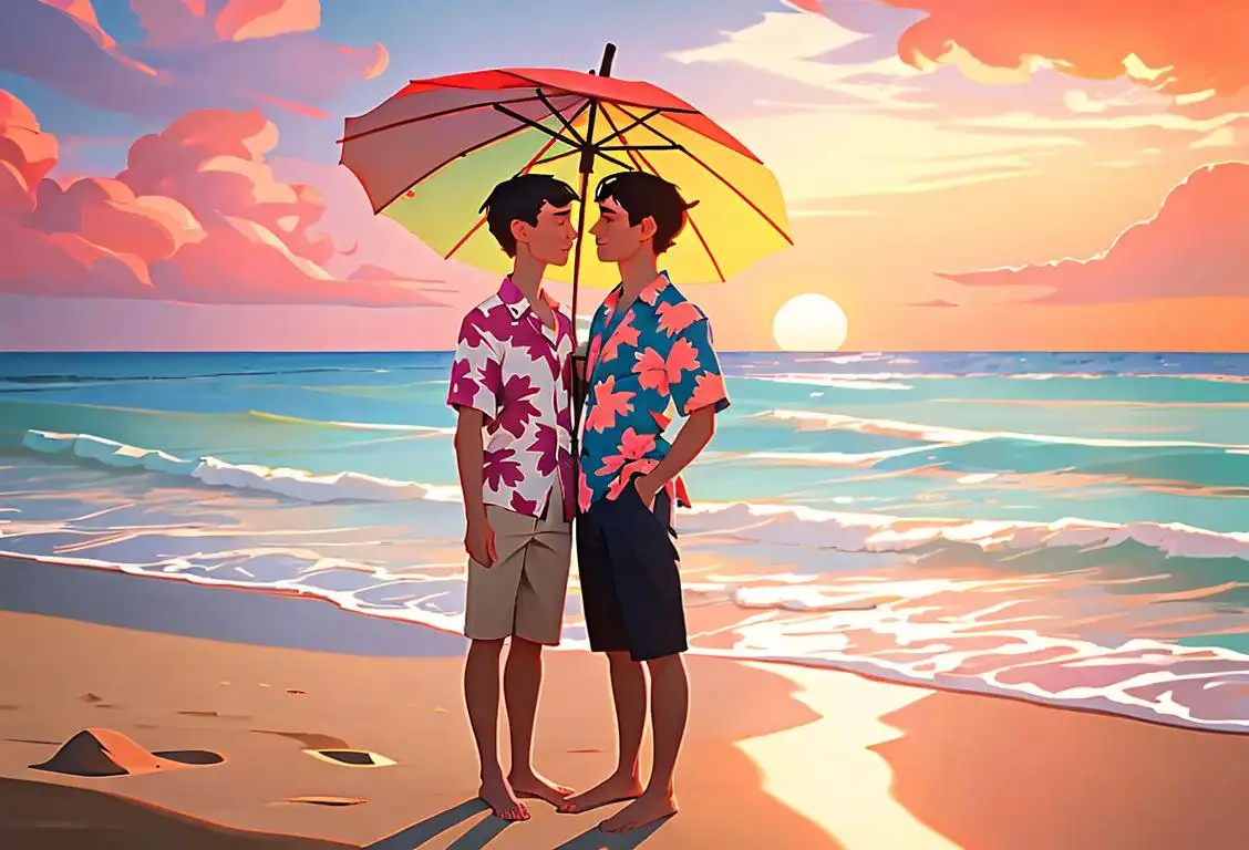 A couple standing on a beach with colorful parasols, wearing matching Hawaiian shirts, enjoying a romantic sunset on National Jowa Day..