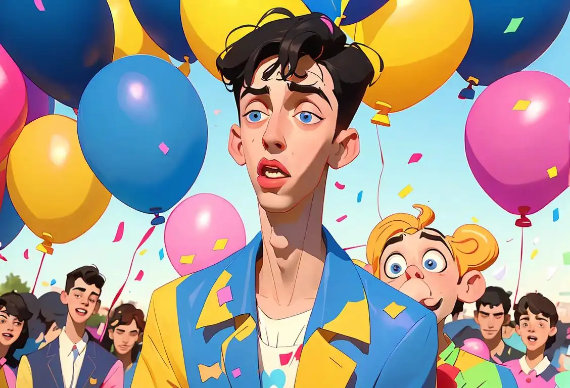 Young boy celebrating National jacob bix bix Day, wearing funny, colorful clothes, surrounded by balloons and confetti, park setting..