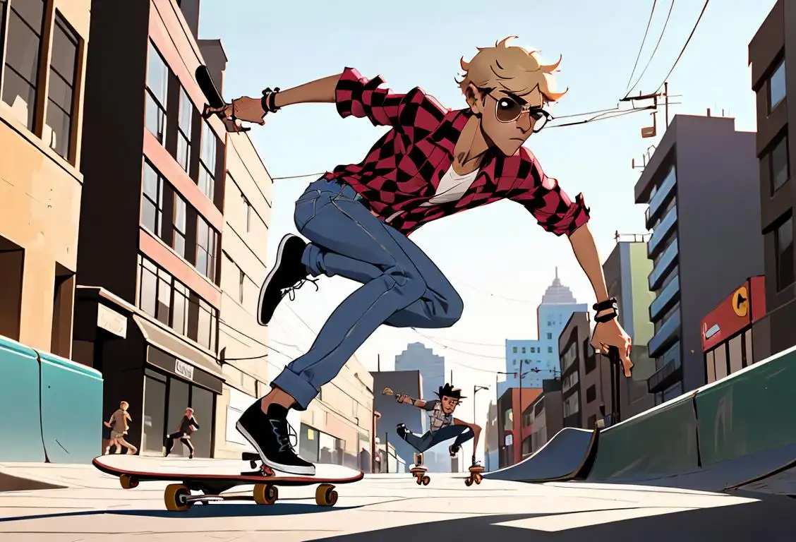 Cool guy, wearing sunglasses, checkered shirt, skateboarding, urban city scene, showing off some sick skateboard tricks!.