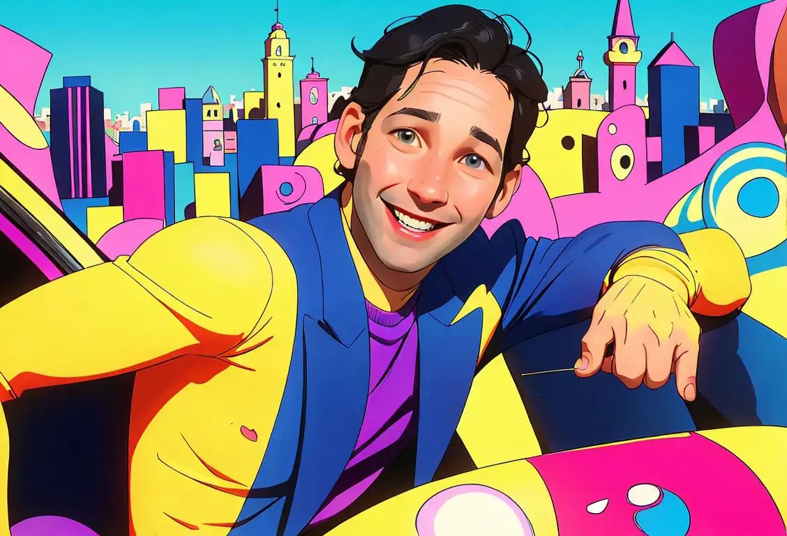 Paul Rudd with his perpetually infectious smile, wearing a stylish suit, surrounded by a vibrant and colorful cityscape..