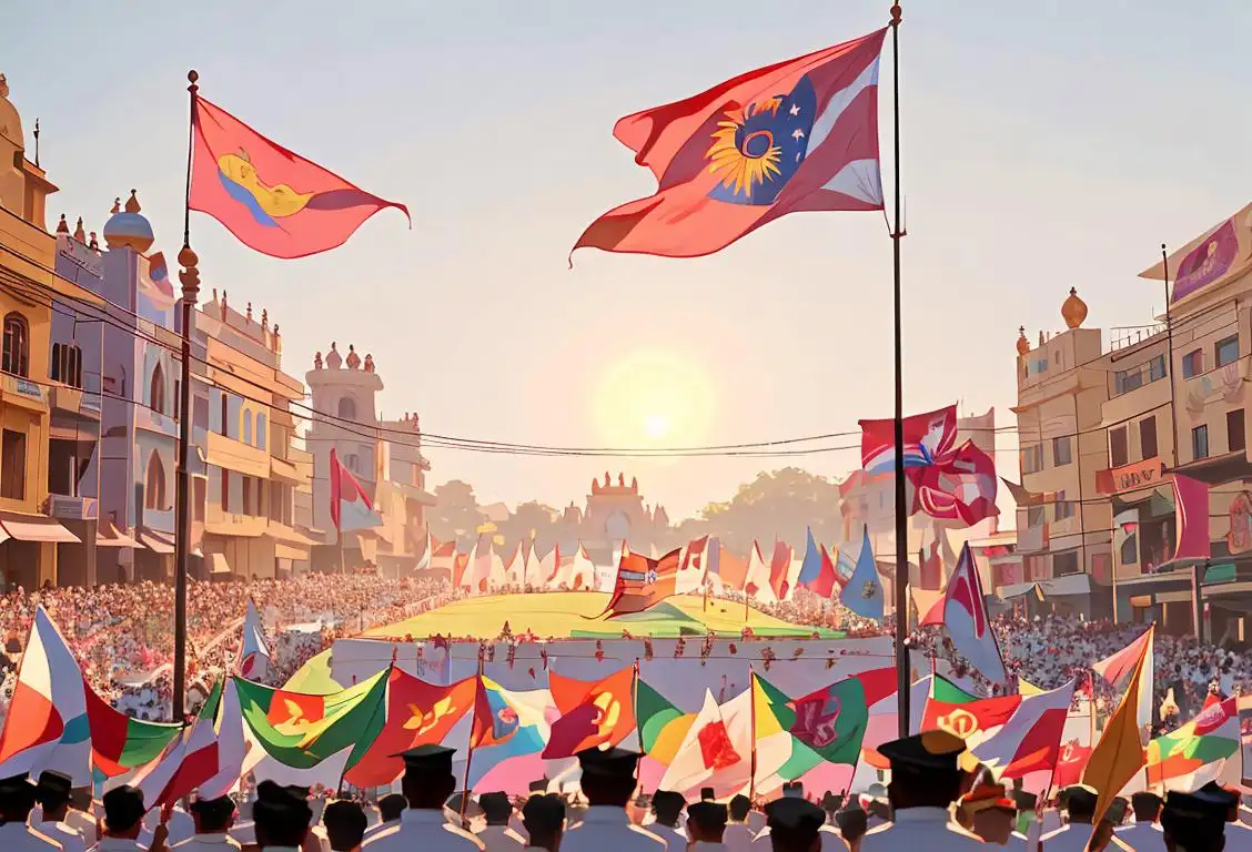 As the sun rises over vibrant Hyderabad, a diverse crowd gathers to hoist the Telangana flag. Proud individuals wearing traditional attire, surrounded by colorful decorations, celebrating the statehood formation day with joy and unity..