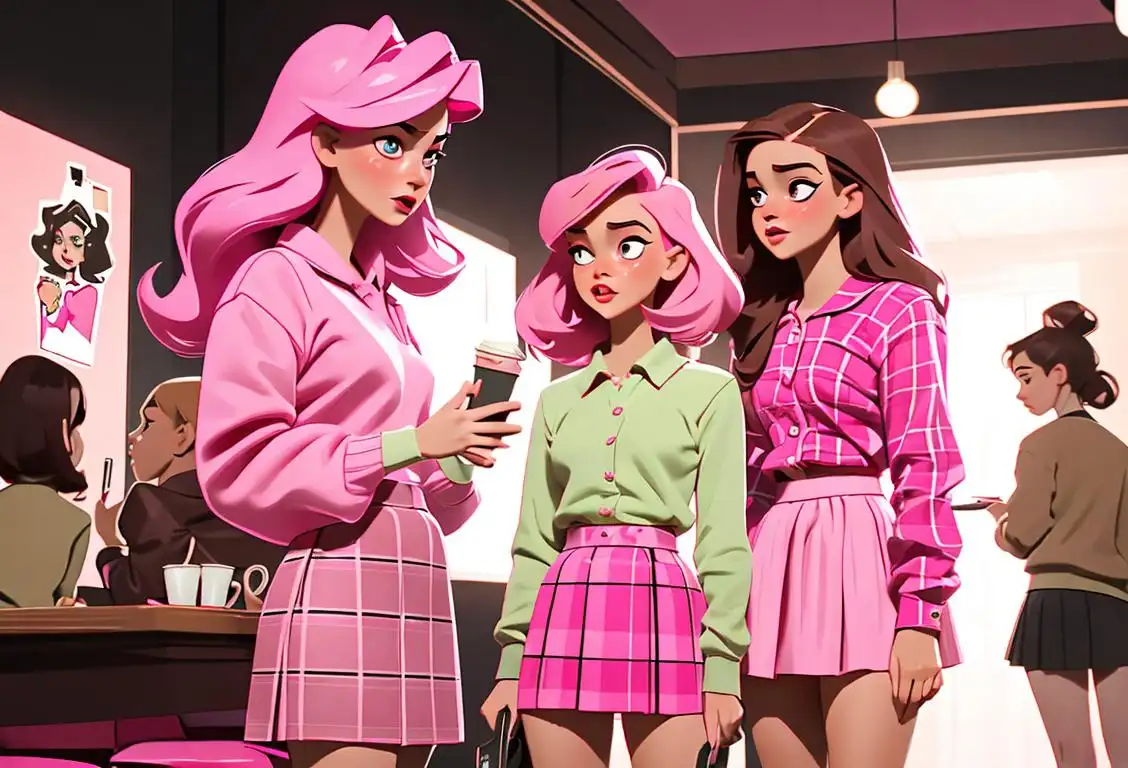 Young woman in pink plaid skirt, talking on flip phone, surrounded by friends wearing matching pink outfits and carrying Starbucks cups..
