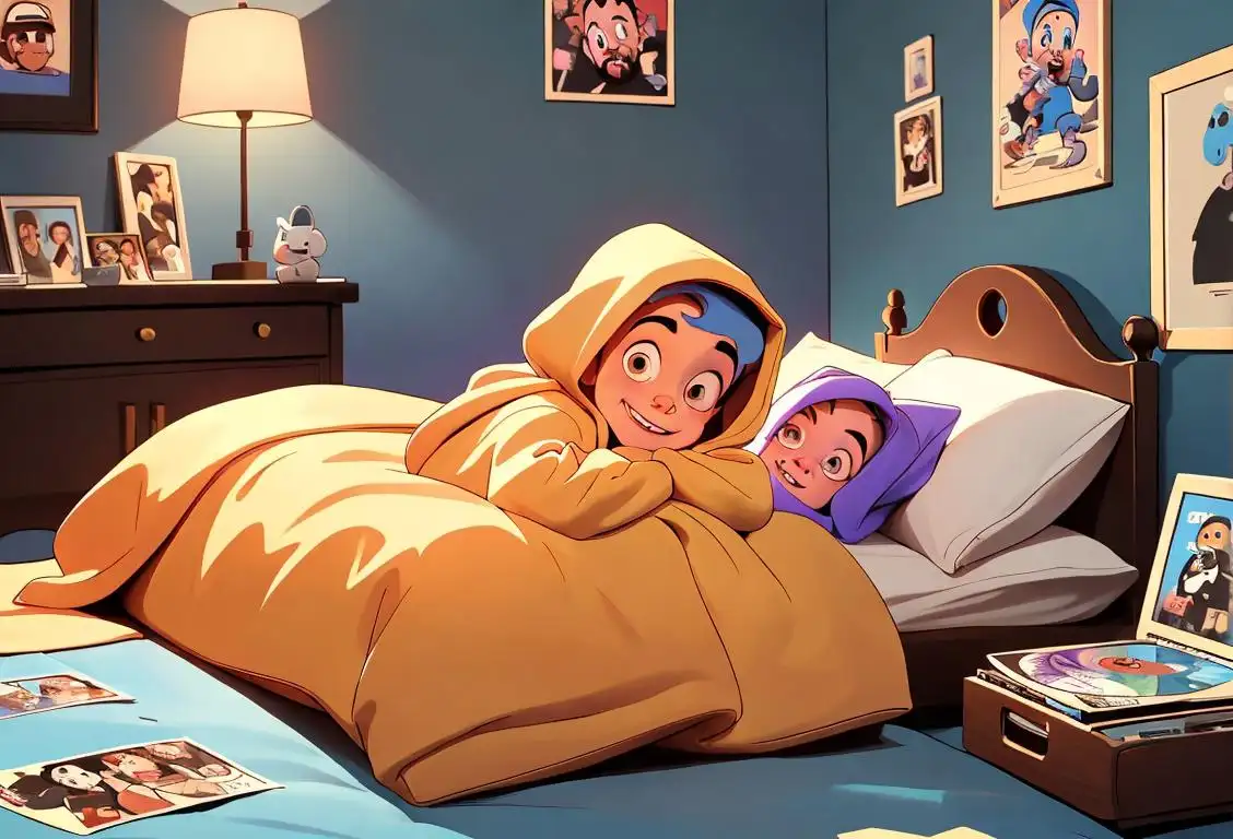 A young fan smiling while wearing a Mac Miller hoodie, bobbing their head to music in a cozy bedroom filled with posters and records..