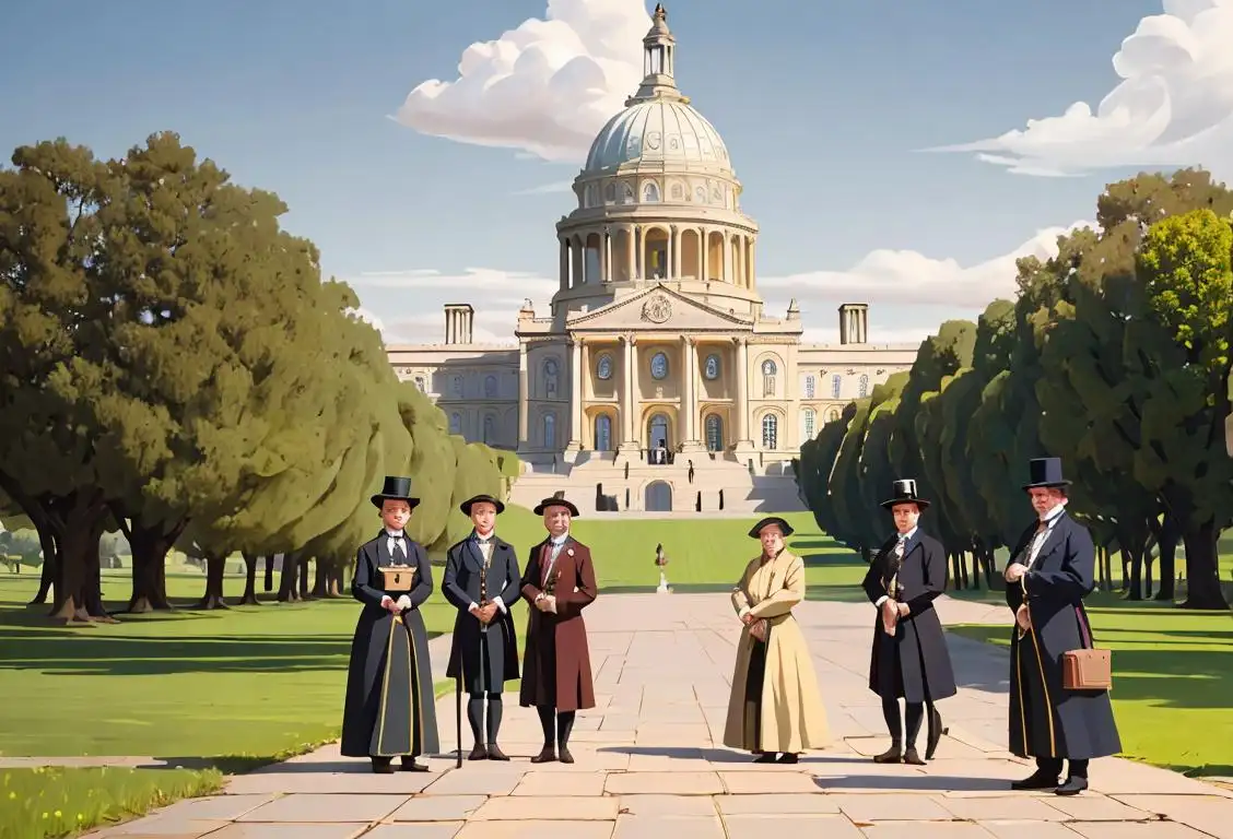 A group of people in historical attire, including Victorian and colonial clothing, standing in front of iconic national capital buildings from around the world..