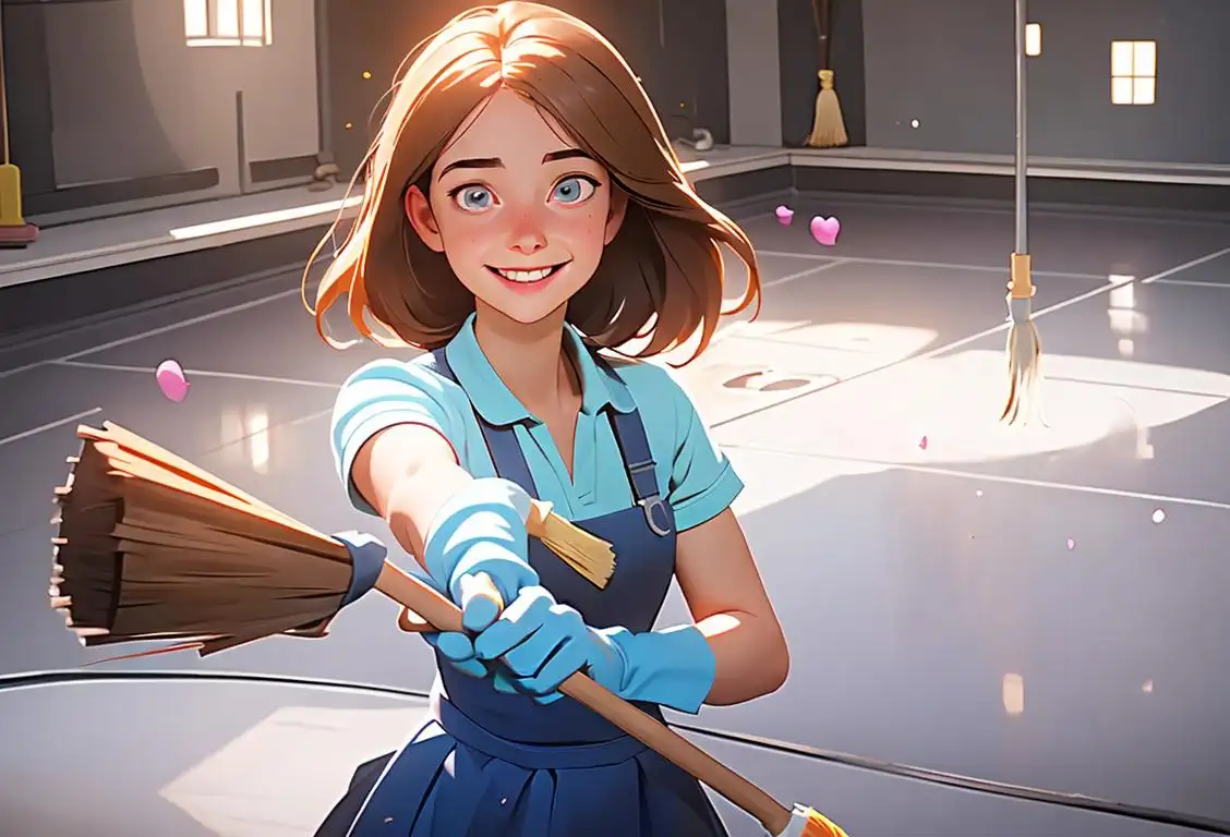 Happy young girl with a smile, wearing cleaning gloves and holding a broom, surrounded by a sparkling clean room..