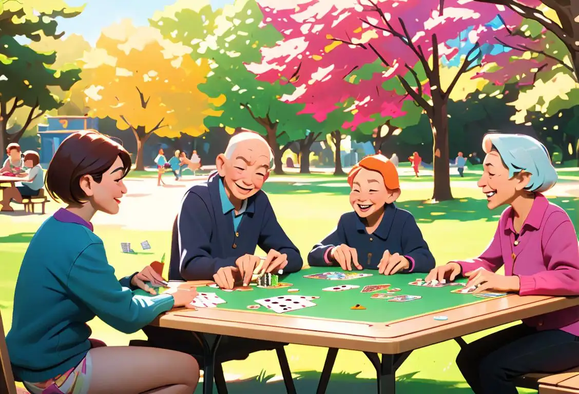 Colorful board game pieces and playing cards scattered on a picnic table, surrounded by happy people of all ages enjoying a sunny park setting..