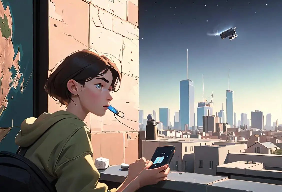Young person using a satellite-themed phone, dressed in casual attire, modern cityscape in the background..