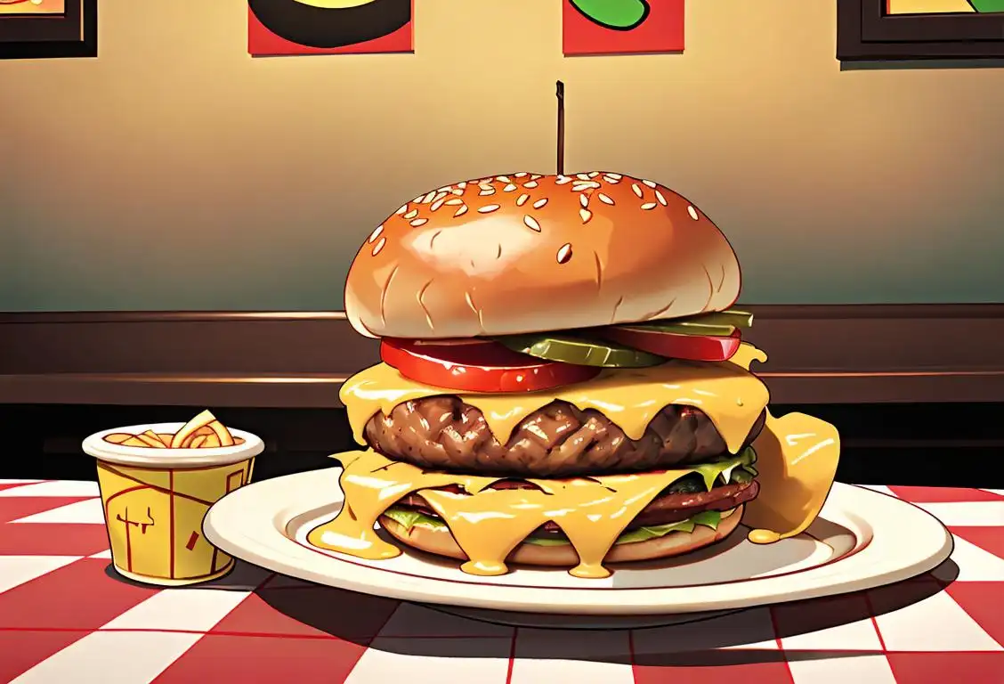 Juicy cheeseburger being held by a smiling person at a retro-style diner, with checkered tablecloth and 50s fashion..