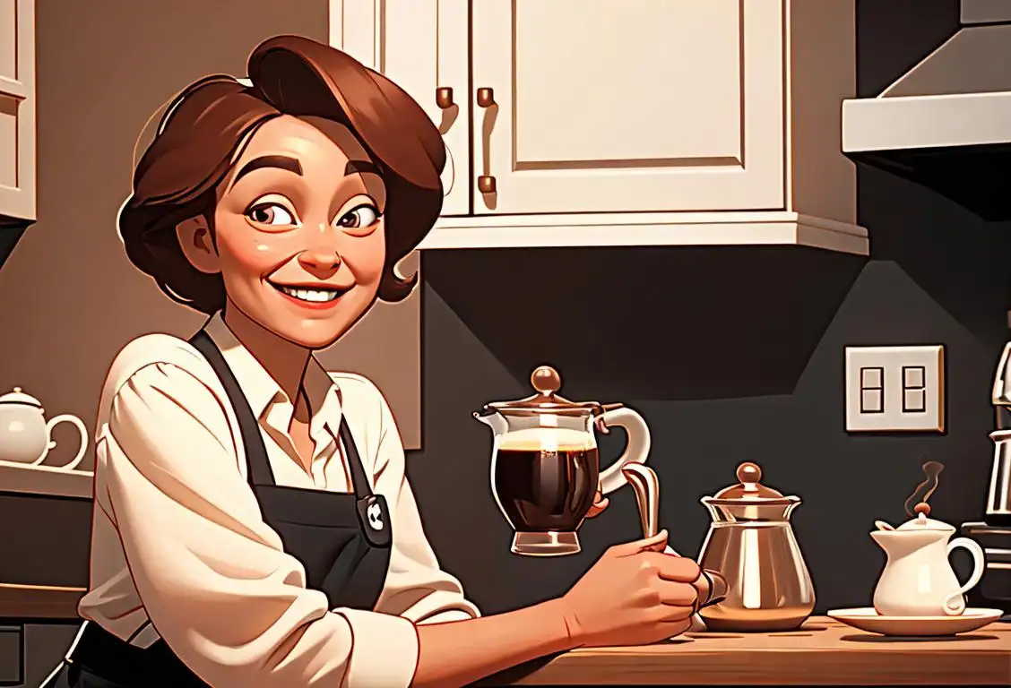 A cheerful person brewing coffee with a smiling face in a cozy kitchen, surrounded by coffee beans and a variety of coffee mugs..