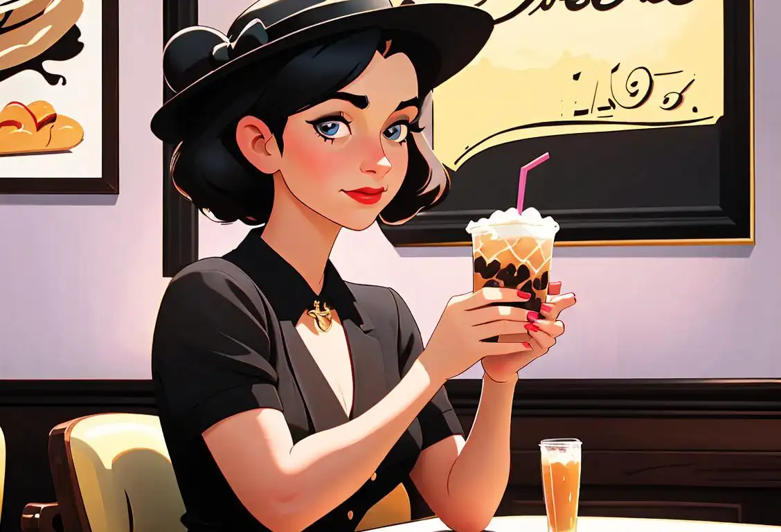 Young woman enjoying a classic black cow beverage, sitting at a retro-style soda fountain, vintage fashion with a cute straw hat, 1950s diner scene..