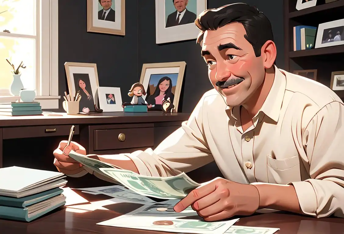 A loving father sitting at his desk, with a smile on his face, transferring money online. In the background, there is a framed picture of his daughter. The father is wearing a classic button-down shirt, and the scene is set in a cozy home office with bookshelves filled with family photos and a 'World's Best Dad' mug on the desk..