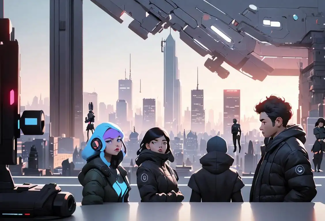 A group of diverse people wearing trendy tech gadgets, posing against a futuristic cityscape backdrop..