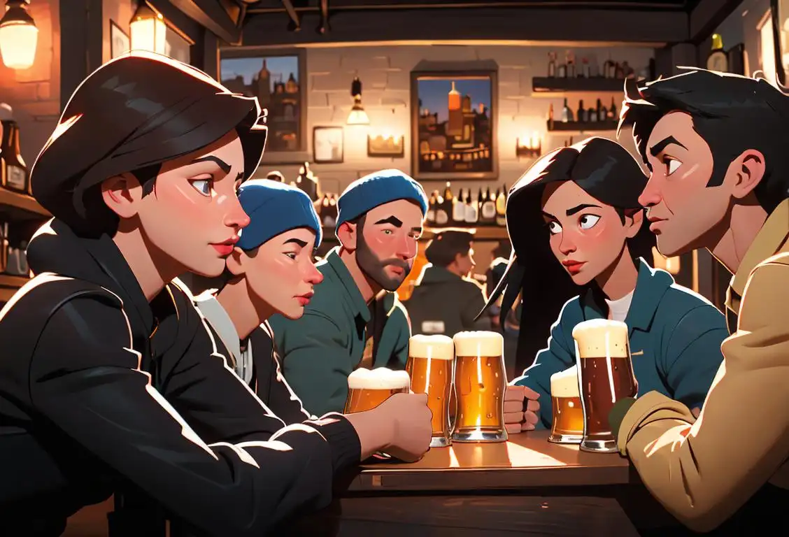 A group of friends enjoying a variety of beers at a cozy pub, with diverse fashion styles and cityscape backdrop, celebrating National Beer Lovers Day..