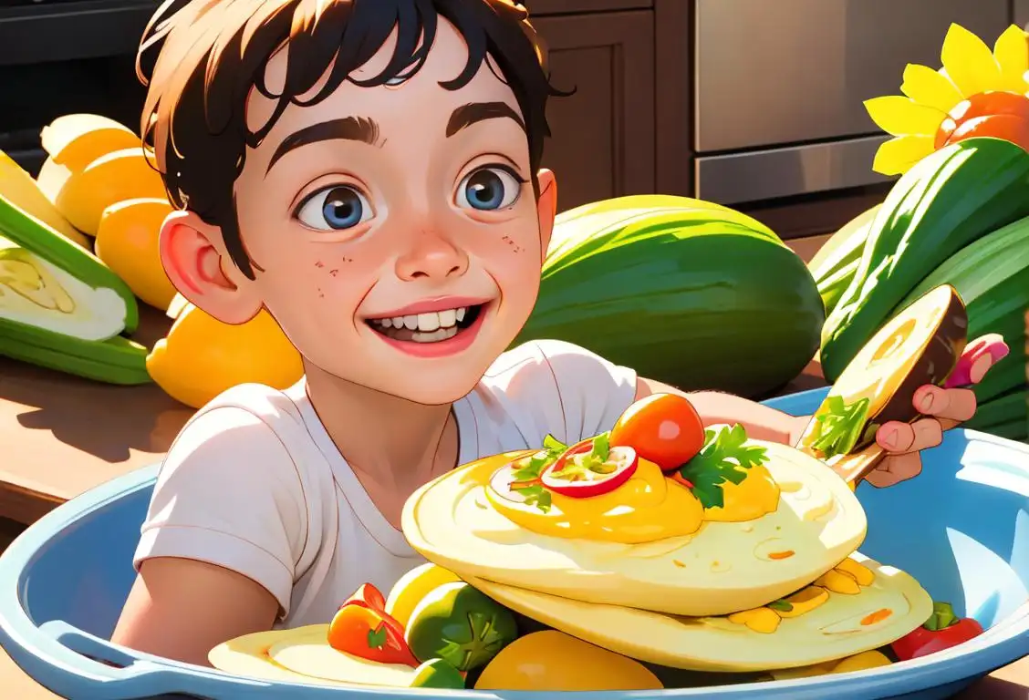 A delighted child enjoying a colorful omelette bursting with fresh vegetables, surrounded by a sunny kitchen and delightful culinary tools..