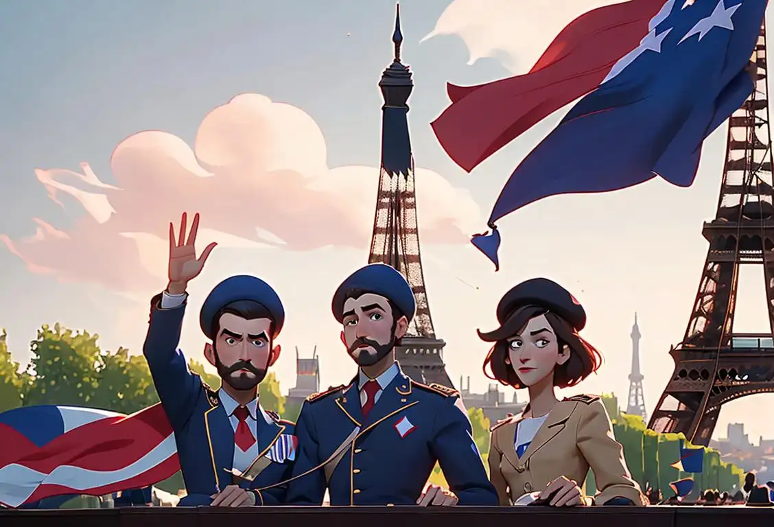 A group of people celebrating National Bastille Day, wearing berets and waving French flags, with a backdrop of the Eiffel Tower and a baguette in hand..