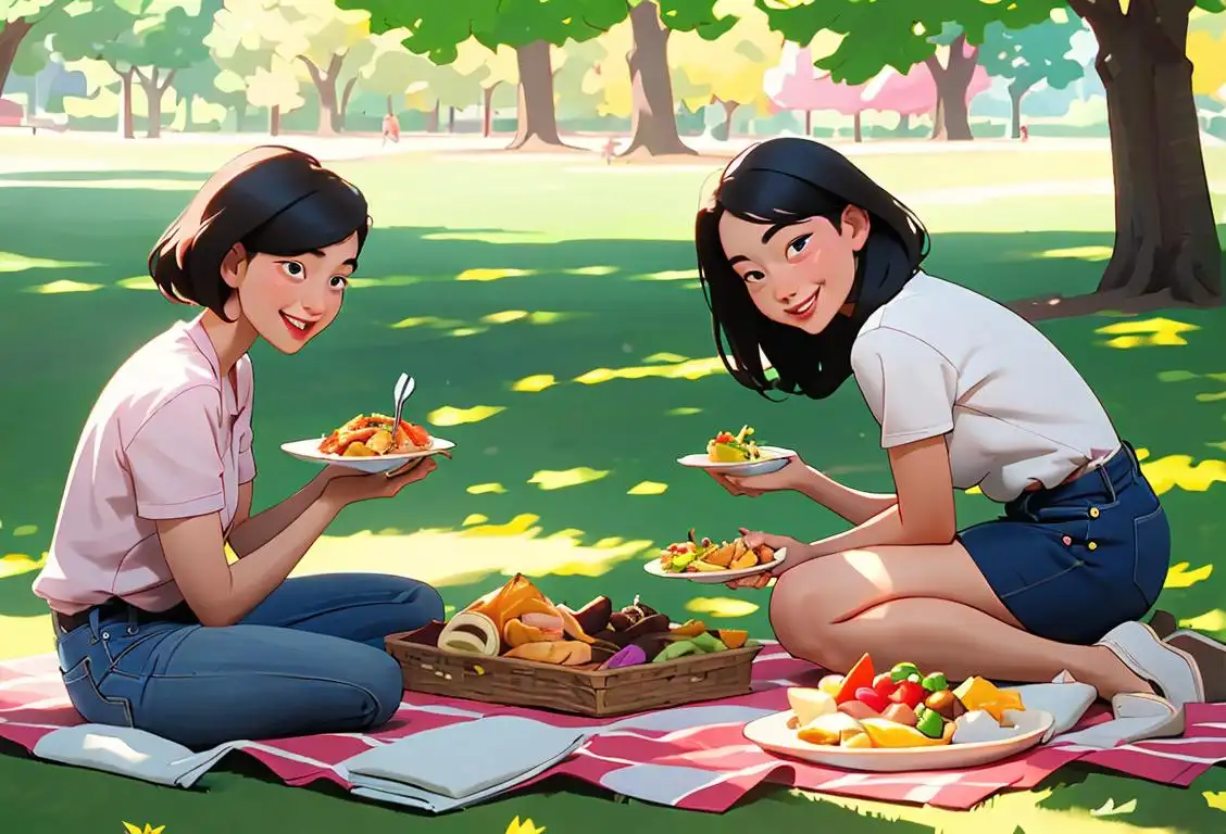 Happy person enjoying a variety of mouthwatering side dishes at a picnic in a sunny park..