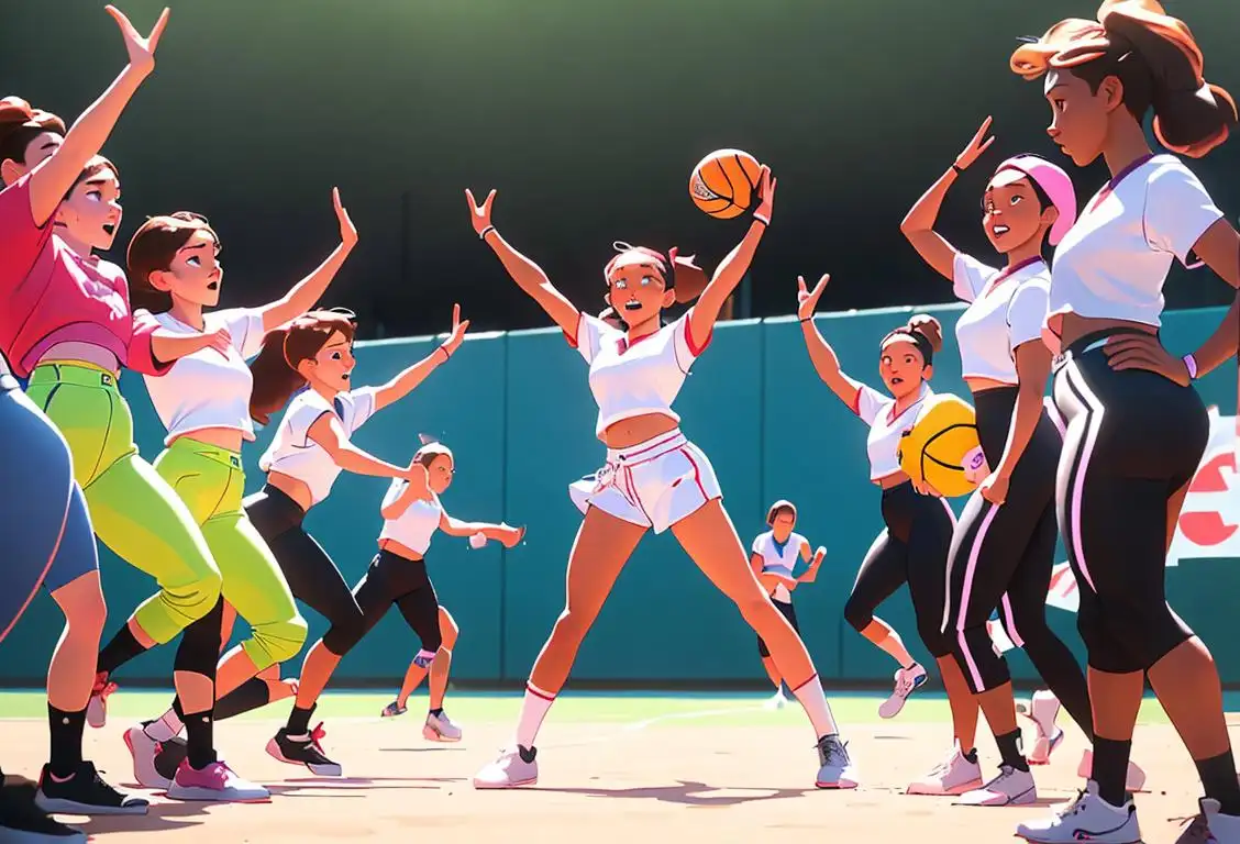 Active young girls and women in various sports outfits, showcasing a diverse range of athletic abilities and team spirit at play, surrounded by vibrant sports equipment and cheering crowds..