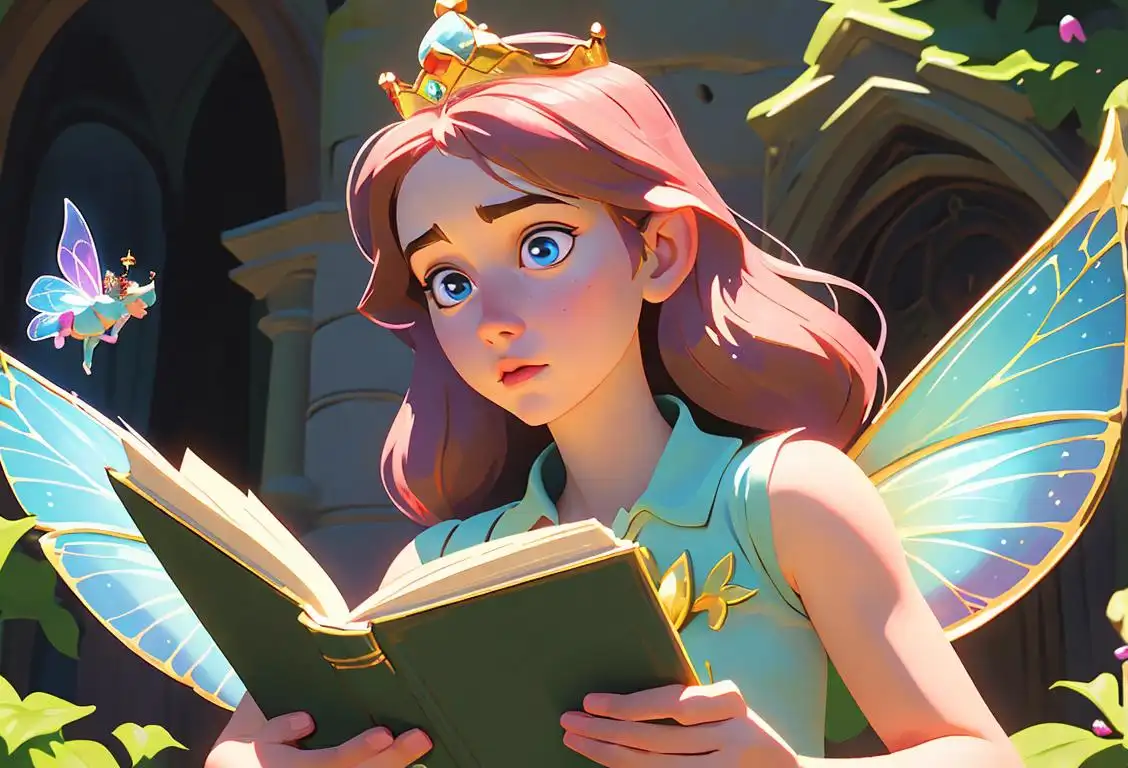 Young girl reading a fairy tale book, wearing a princess crown, surrounded by fluttering butterflies and a magical castle in the distance..