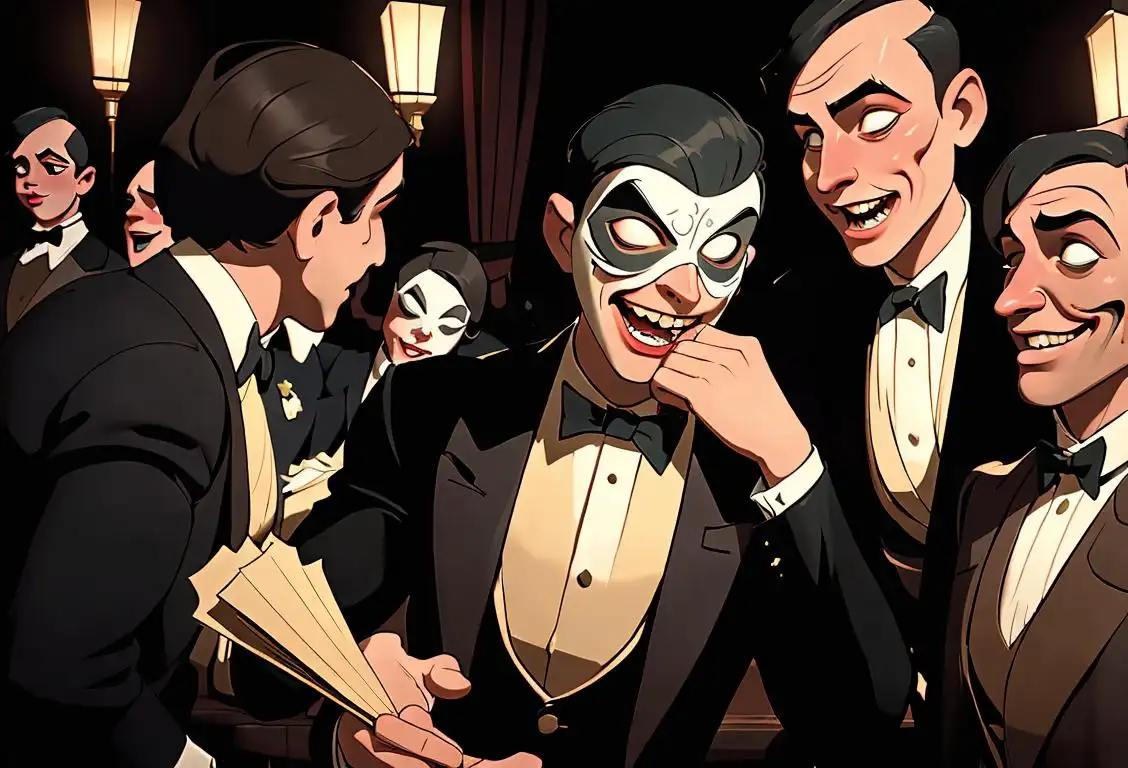 Young man playfully removing a masquerade mask, wearing a vintage suit, 1920s speakeasy setting, surrounded by friends laughing and reveling..