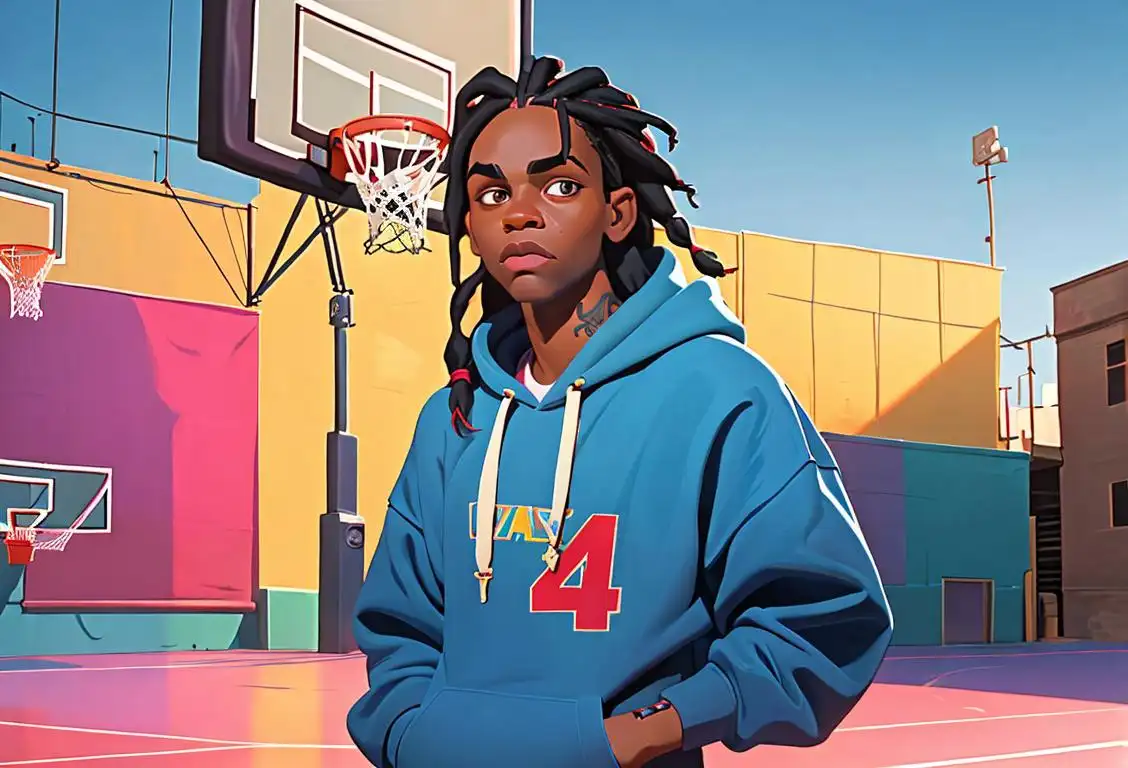 Young man wearing oversized hoodie, with colorful braids, urban street scene, basketball court backdrop..
