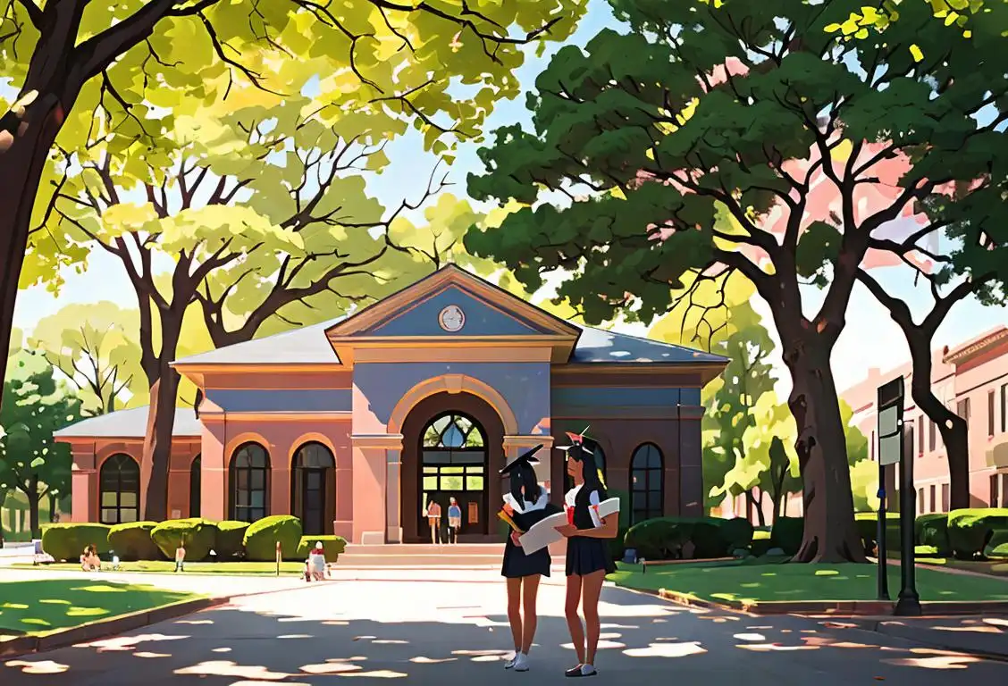 Young college student with textbooks, wearing a graduation cap, surrounded by a vibrant campus scene with students studying under a shady tree..