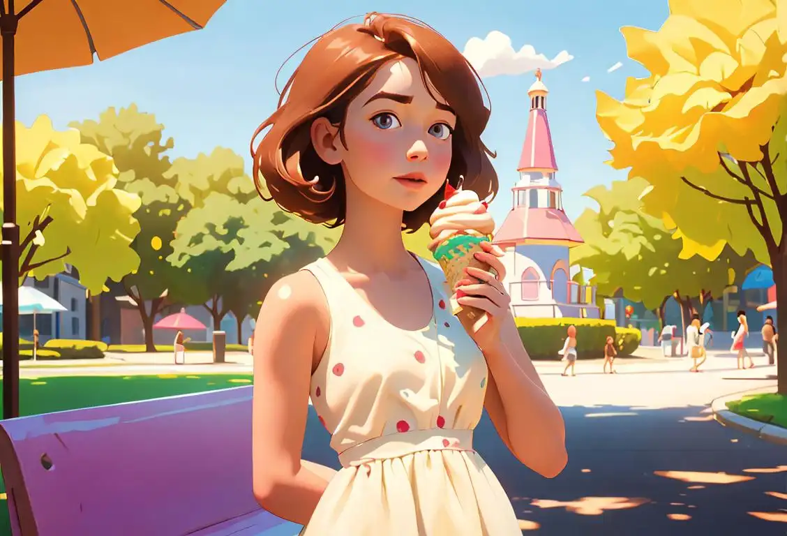 Young girl holding a dripping ice cream sundae, wearing a colorful sundress, sunny park setting..