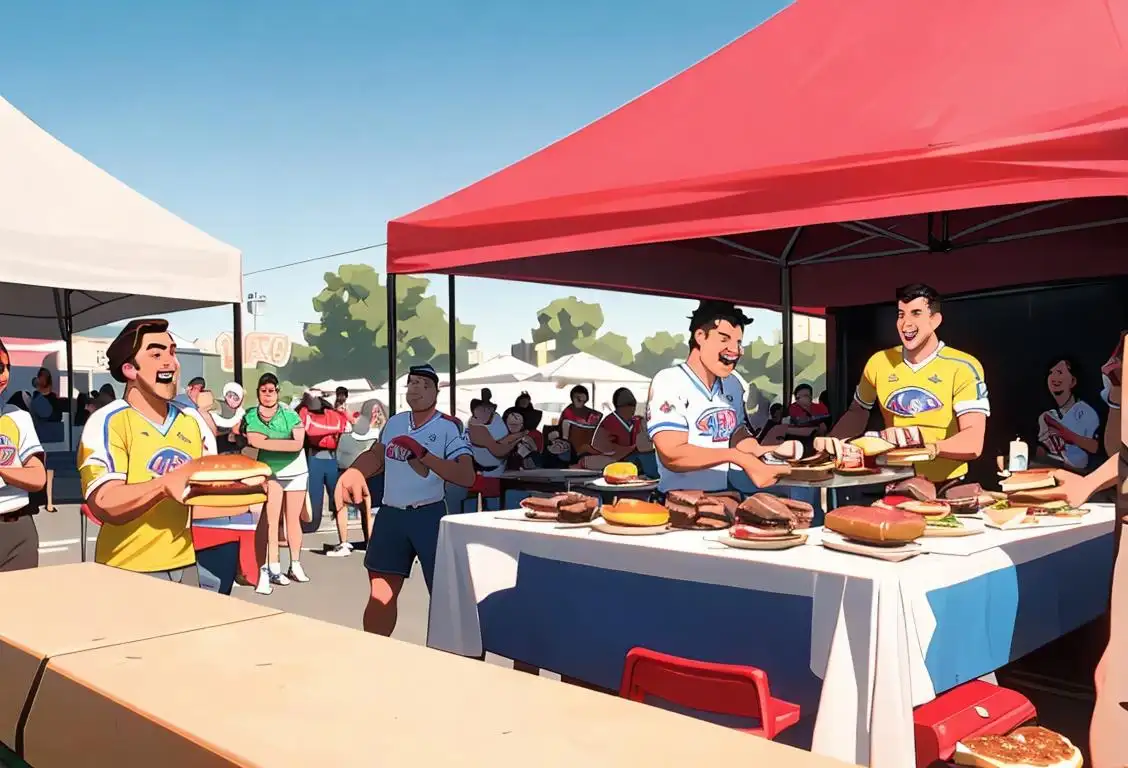 Group of friends in team jerseys, grilling burgers and cheering at a vibrant stadium parking lot party..