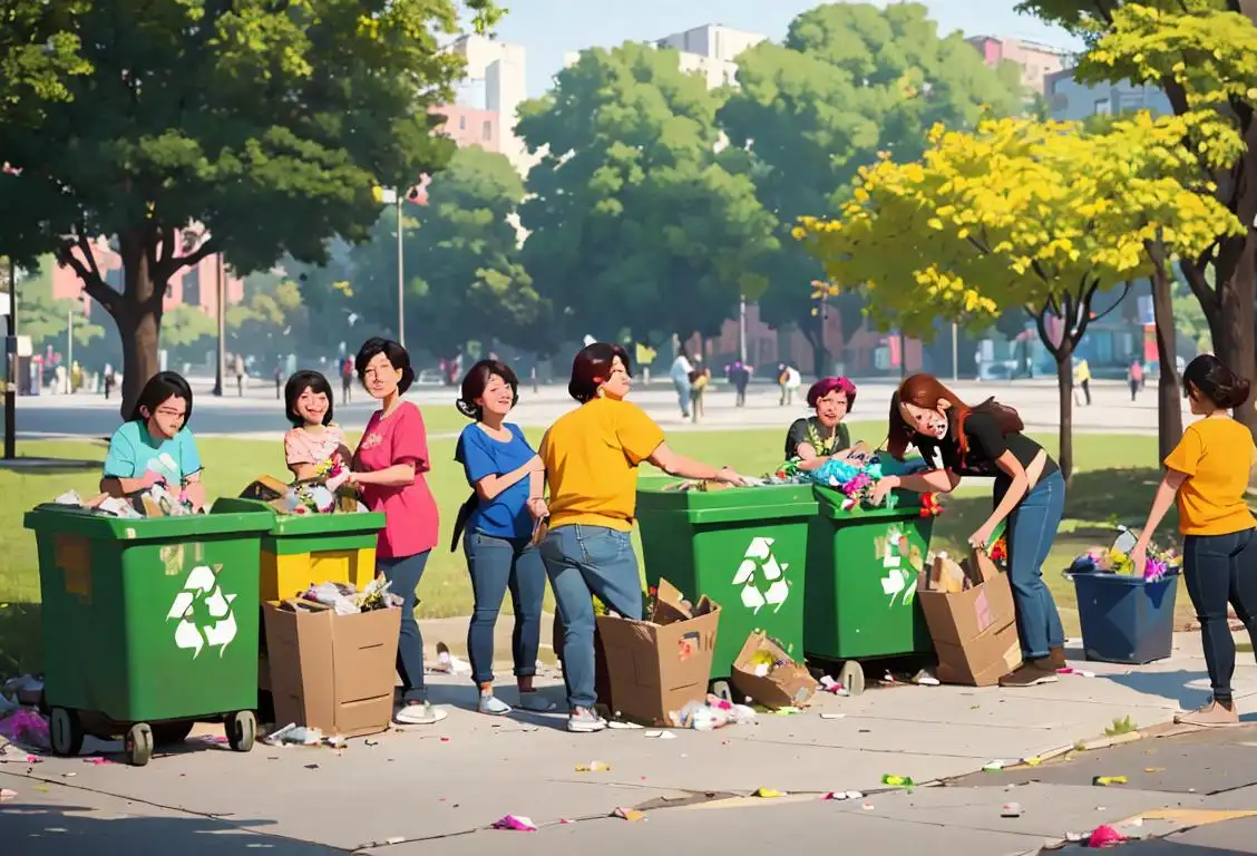 Group of people enthusiastically sorting and recycling waste outdoors, wearing colorful shirts, urban park setting..