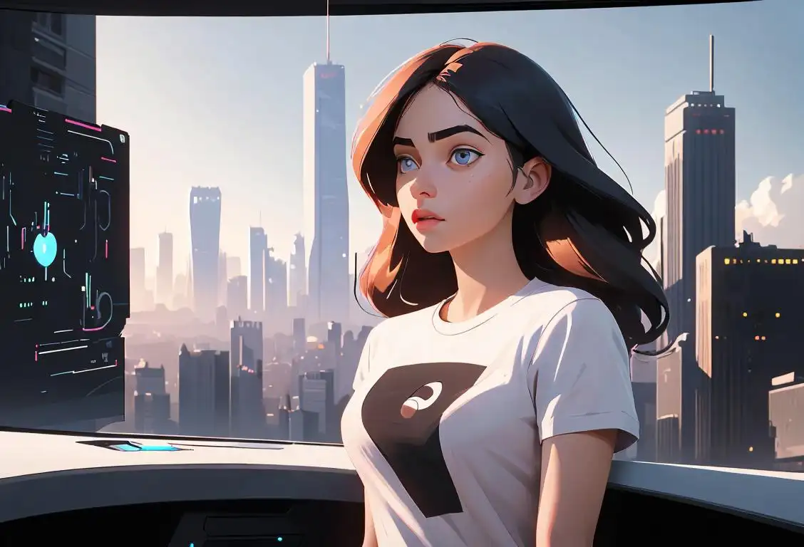 Young woman surrounded by futuristic gadgets, wearing a tech-themed t-shirt, modern cityscape in the background..