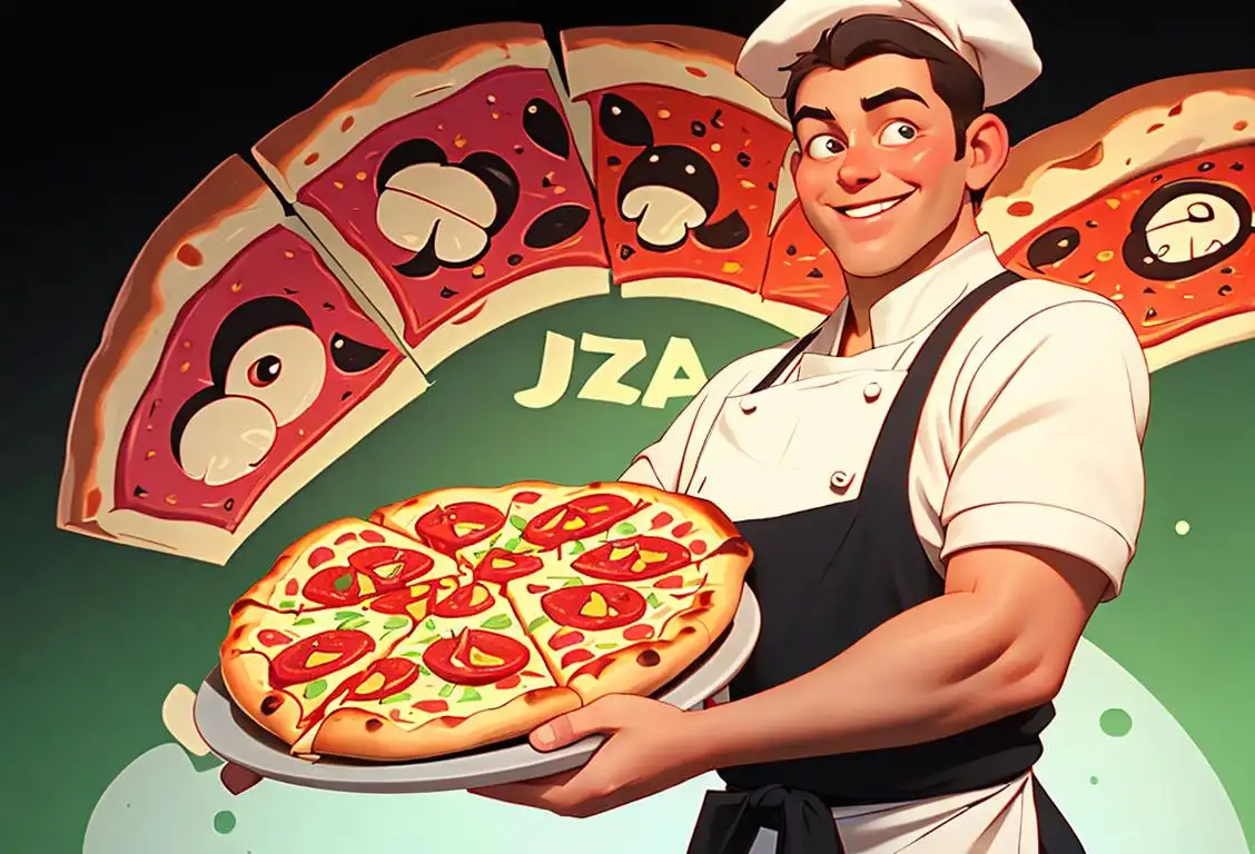 A smiling chef holding a pizza with creative toppings, wearing a chef hat and apron, vibrant pizzeria setting..