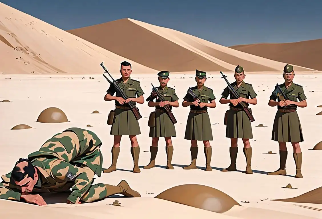 A group of diverse individuals in military uniforms, showing camaraderie and determination. Some wearing desert camouflage, others in traditional dress, against a backdrop of a military base..